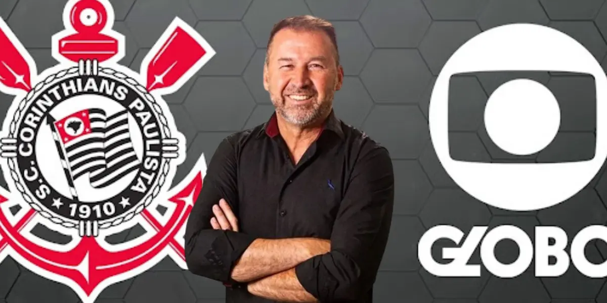 Augusto Melo entre os logotipos do Timão e da Globo