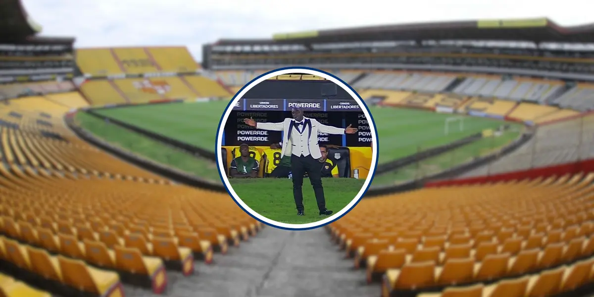 A linda roupa do treinador do Barcelona de Guayaquil (Foto: Barcelona de Guayaquil e Conmebol)