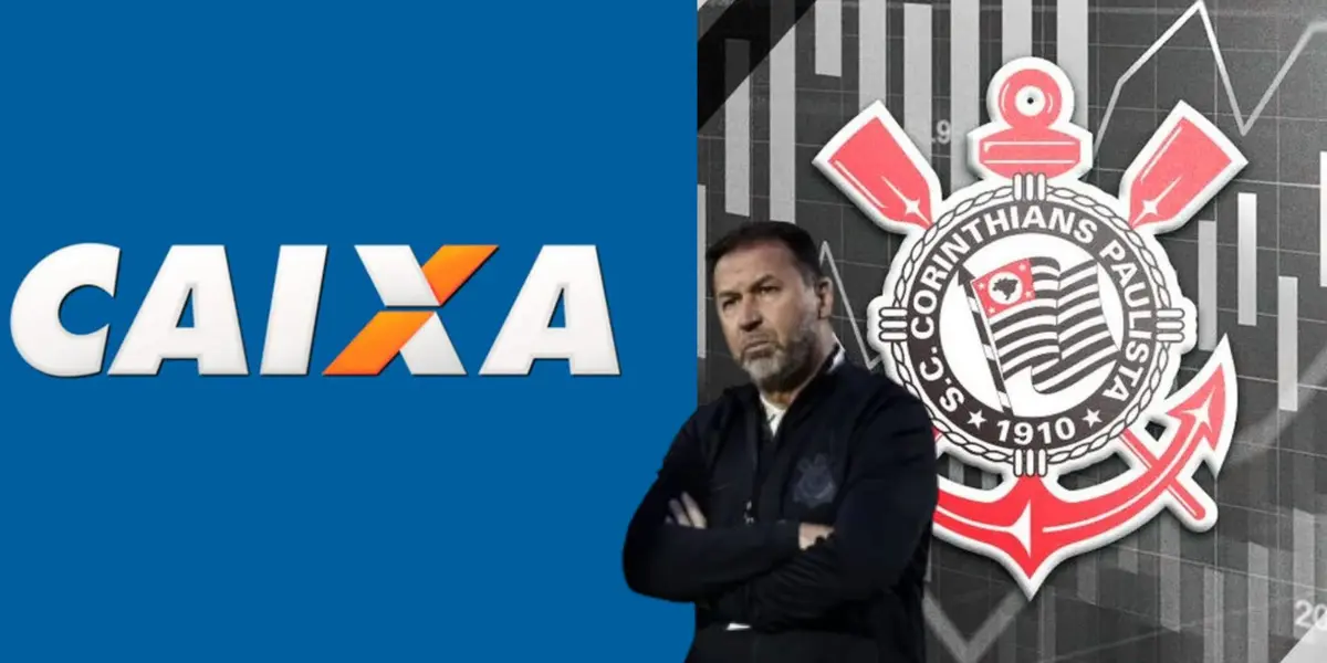 Augusto Melo entre os logotipos da Caixa e do Corinthians