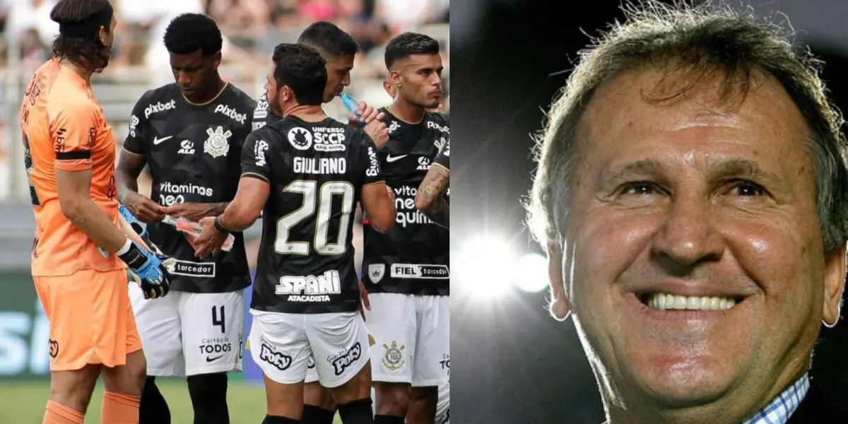 Jogadores do Corinthians, com Zico ao lado em montagem
