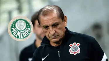 Ramón Diaz e ao lado o escudo do Palmeiras