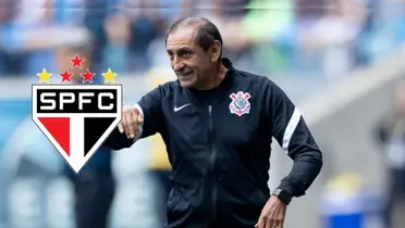 Ramón Diaz e ao lado o escudo do São Paulo