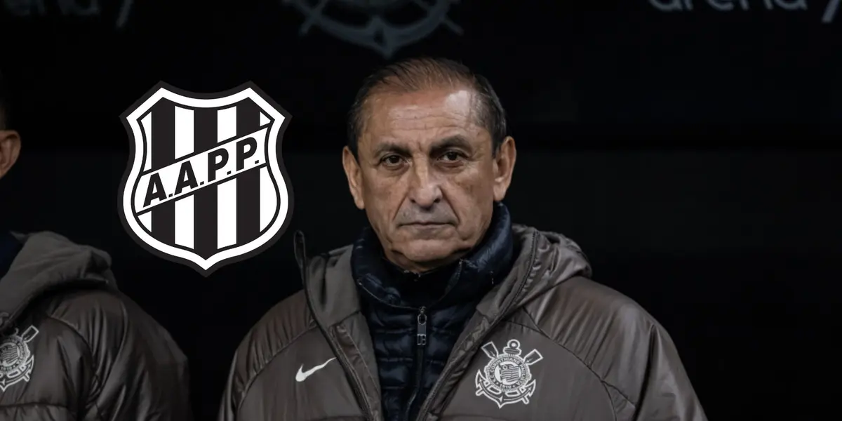 Ramón Diaz, técnico do Corinthians e ao lado o escudo da Ponte Preta