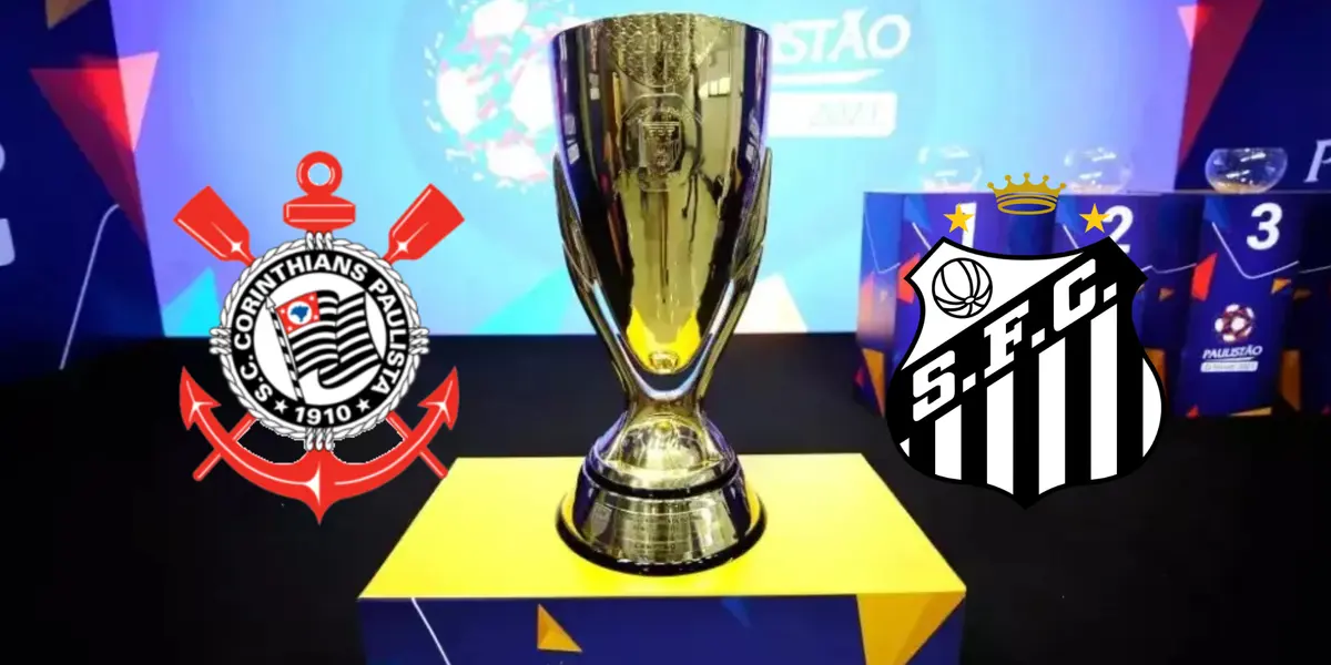 Taça do Campenato Paulista, e ao lado os escudos do Corinthians e do Santos