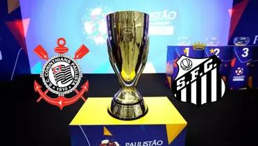 Taça do Campenato Paulista, e ao lado os escudos do Corinthians e do Santos